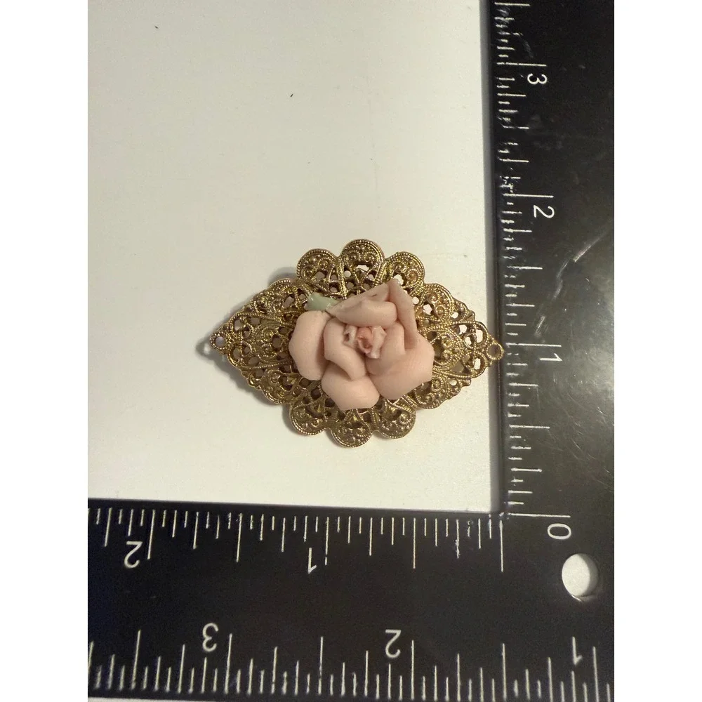 Vintage Pink Rose Porcelain Brooch Gold Tone Filigree Victorian Style Pin